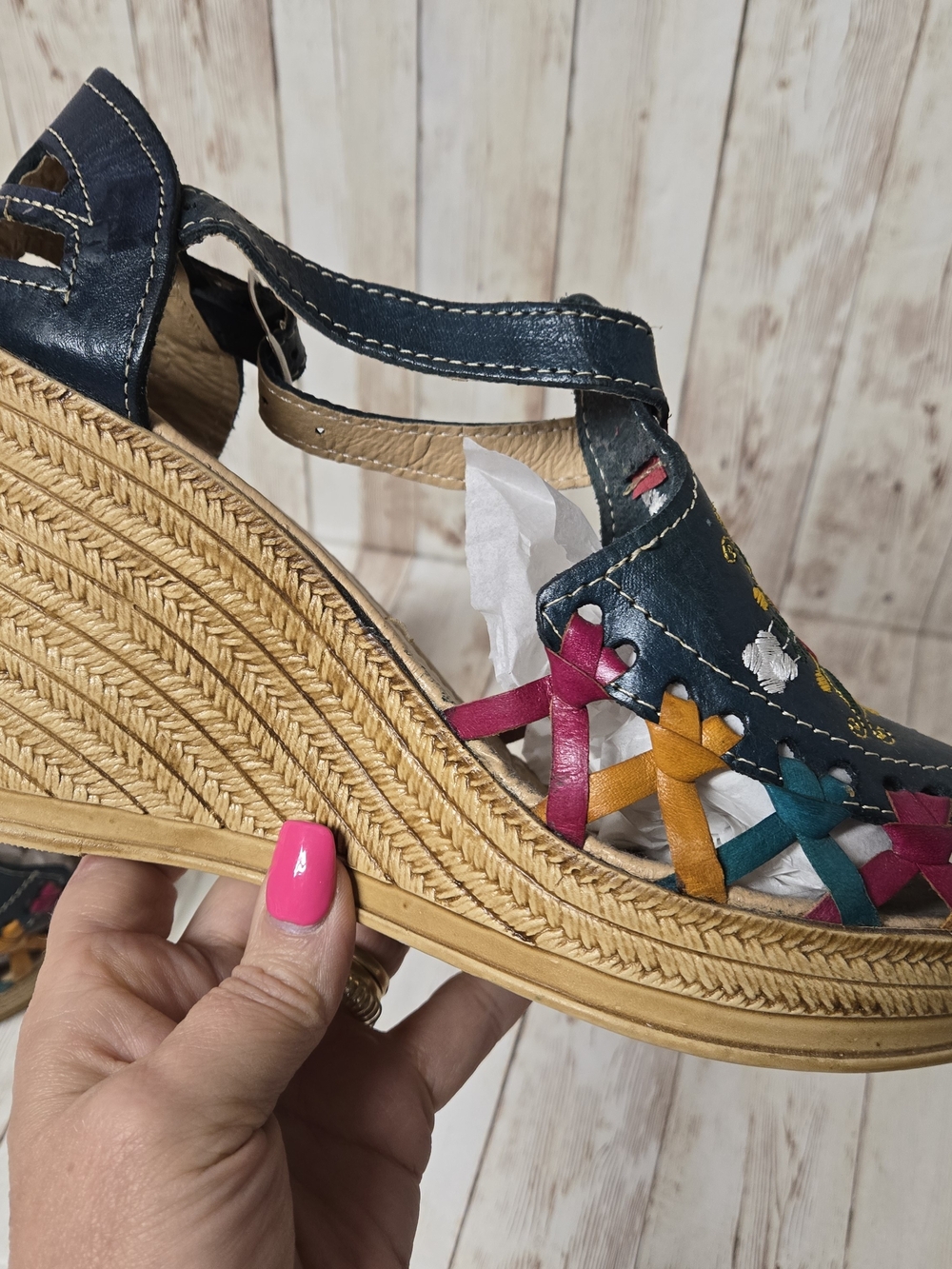 AmeriKa Collection Teal Embroidered Boho Espadrille Wedge Sandals Sz 25 (US 8) - Picture 4 of 16